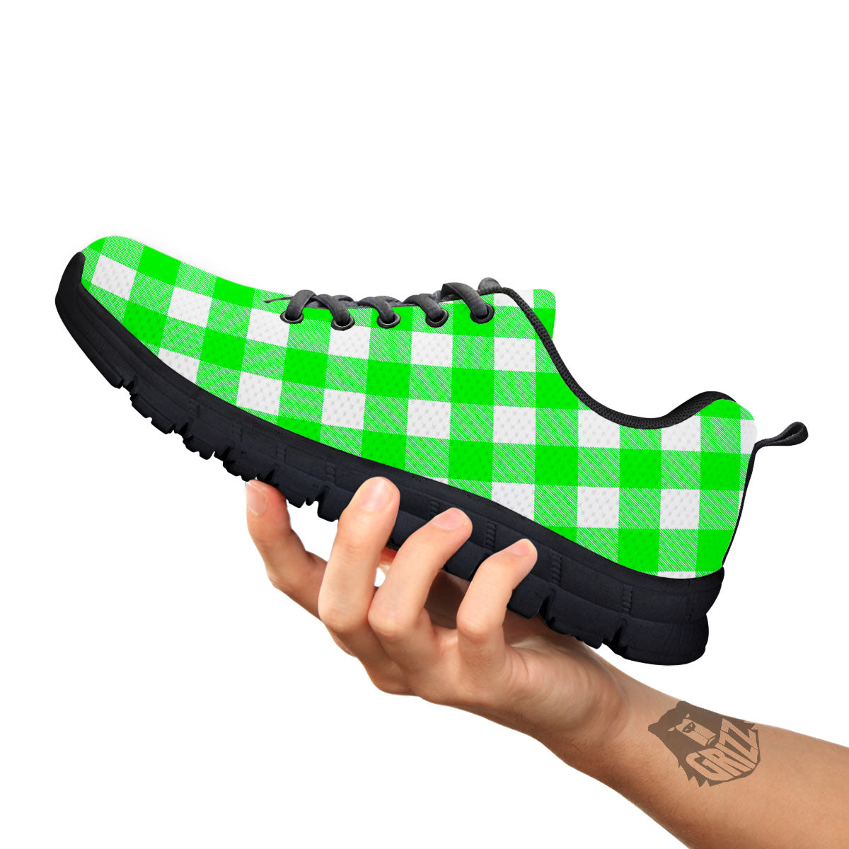 White Buffalo Check And UFO Green Print Pattern Black Sneaker-grizzshop