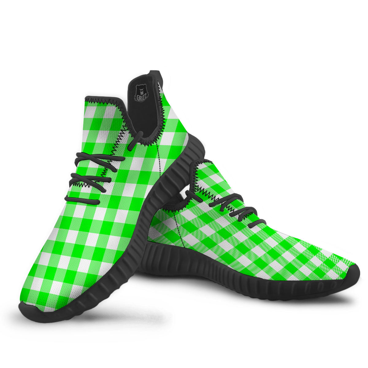 White Buffalo Check And UFO Green Print Pattern Black Walking Shoes-grizzshop
