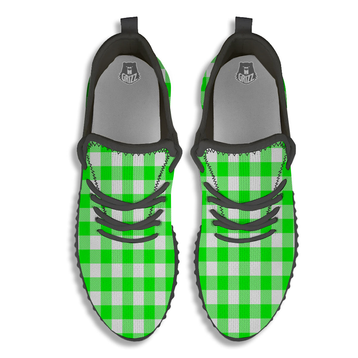 White Buffalo Check And UFO Green Print Pattern Black Walking Shoes-grizzshop