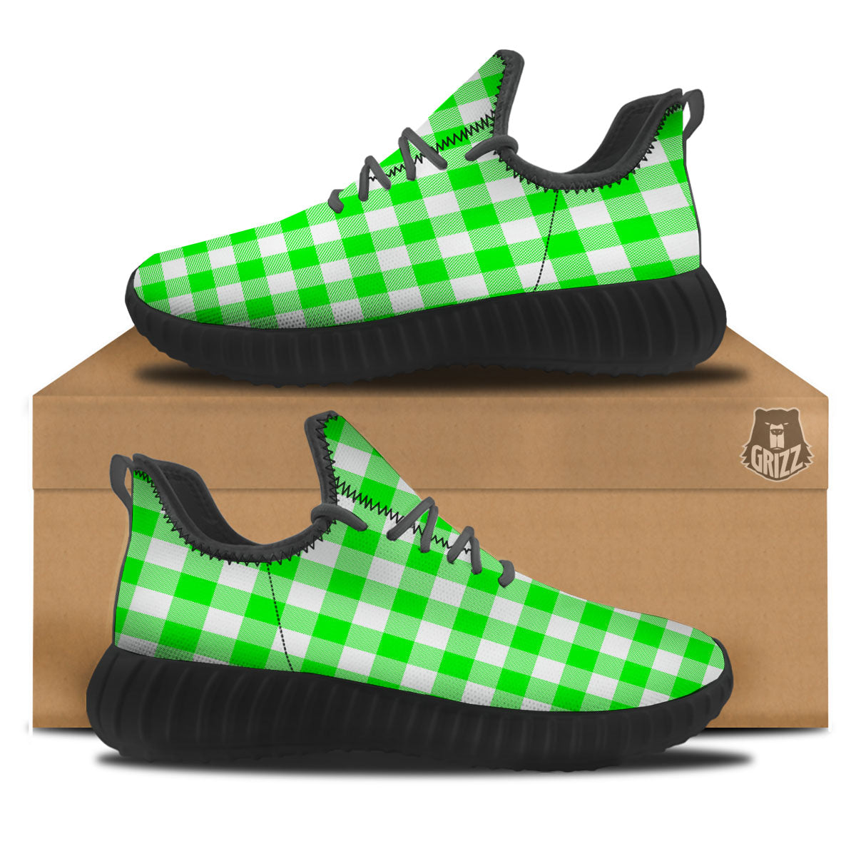 White Buffalo Check And UFO Green Print Pattern Black Walking Shoes-grizzshop