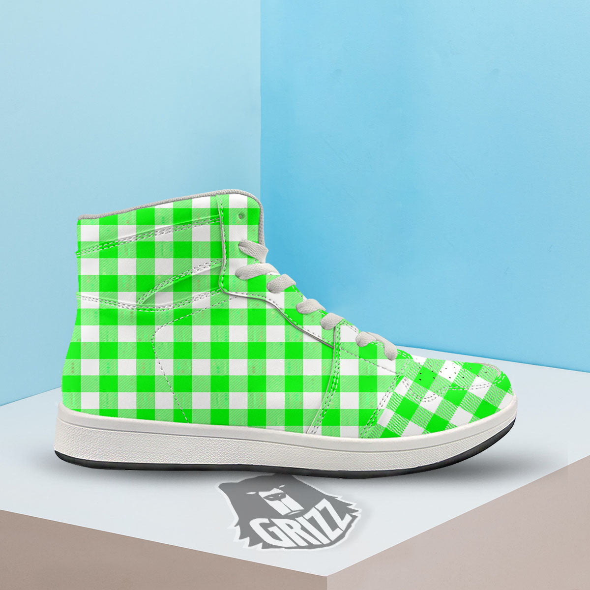 White Buffalo Check And UFO Green Print Pattern High Top Sneakers-grizzshop