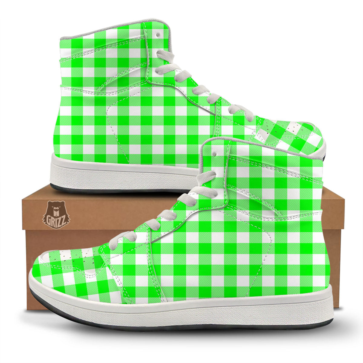 White Buffalo Check And UFO Green Print Pattern High Top Sneakers-grizzshop