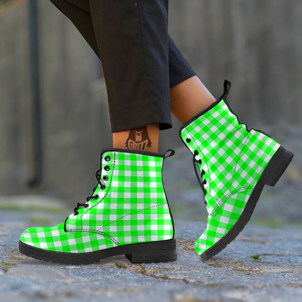 White Buffalo Check And UFO Green Print Pattern Leather Boots-grizzshop