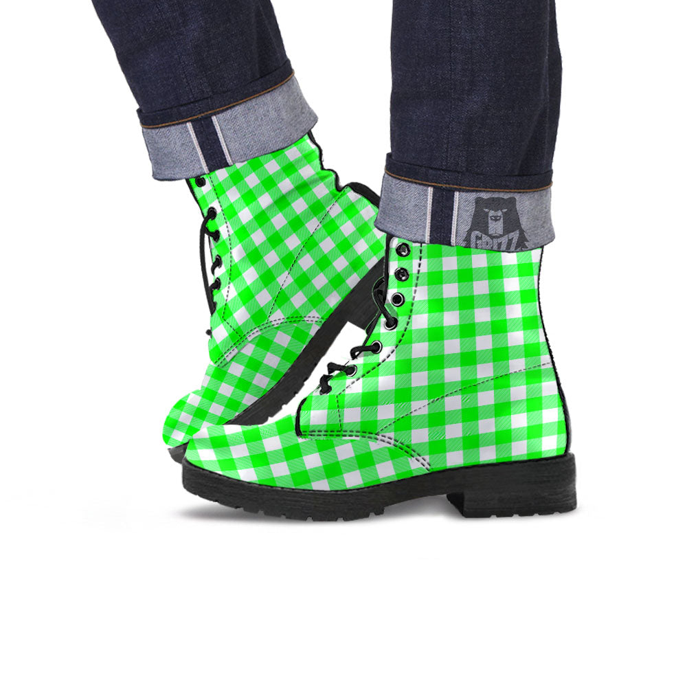 White Buffalo Check And UFO Green Print Pattern Leather Boots-grizzshop