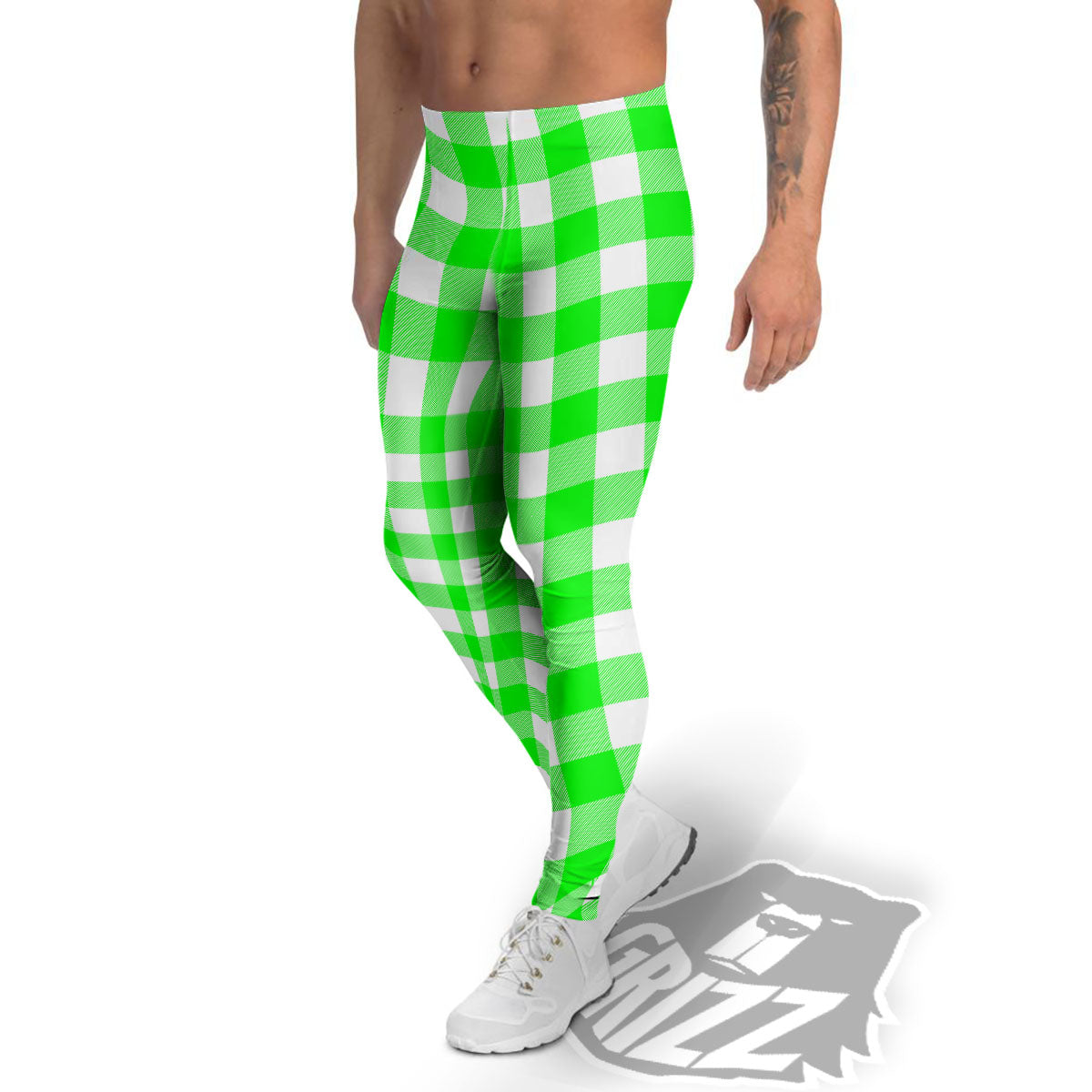 White Buffalo Check And UFO Green Print Pattern Men's Leggings-grizzshop