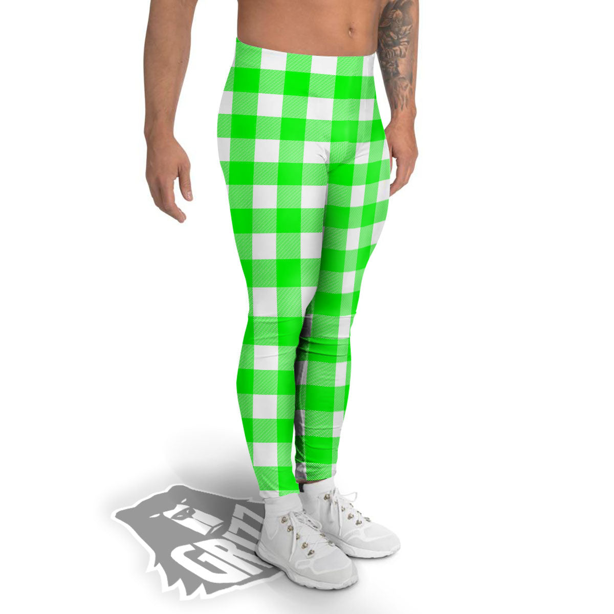 White Buffalo Check And UFO Green Print Pattern Men's Leggings-grizzshop