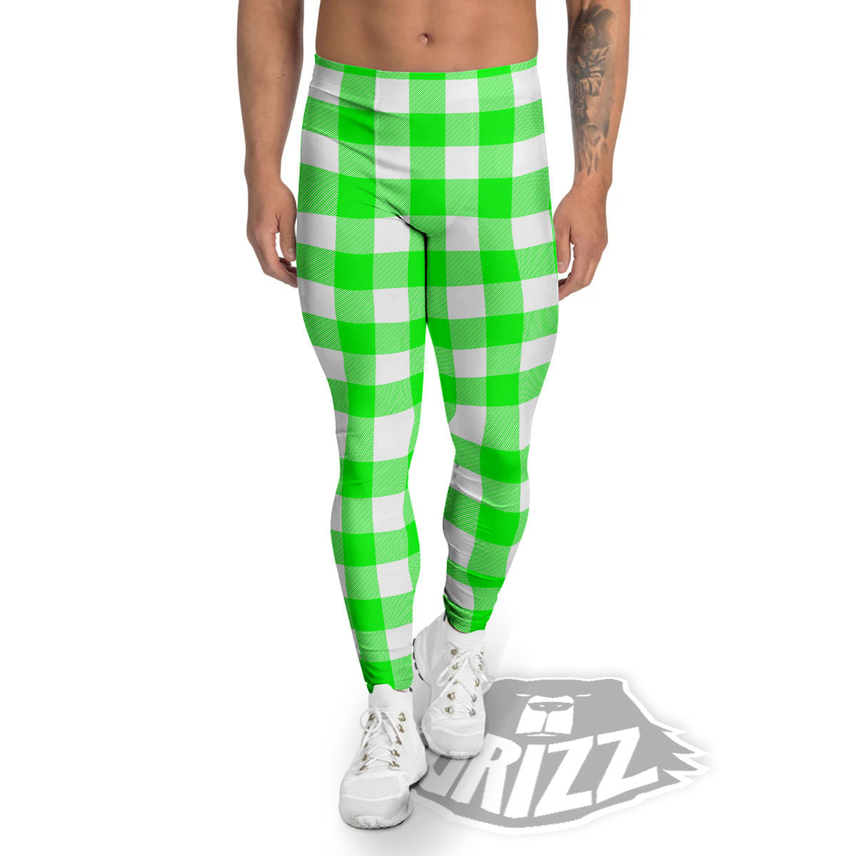 White Buffalo Check And UFO Green Print Pattern Men's Leggings-grizzshop