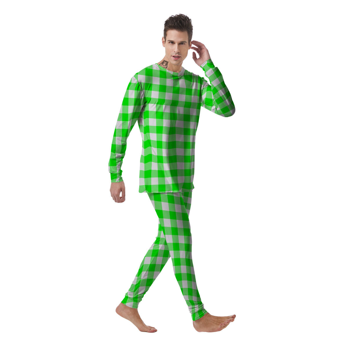 White Buffalo Check And UFO Green Print Pattern Men's Pajamas-grizzshop