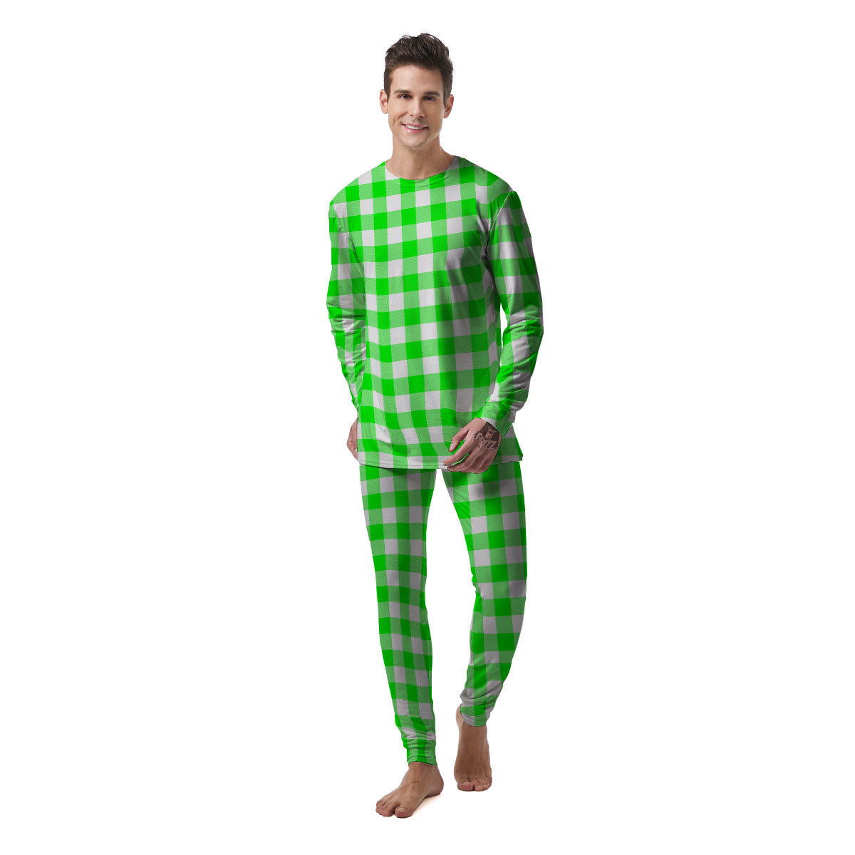 White Buffalo Check And UFO Green Print Pattern Men's Pajamas-grizzshop