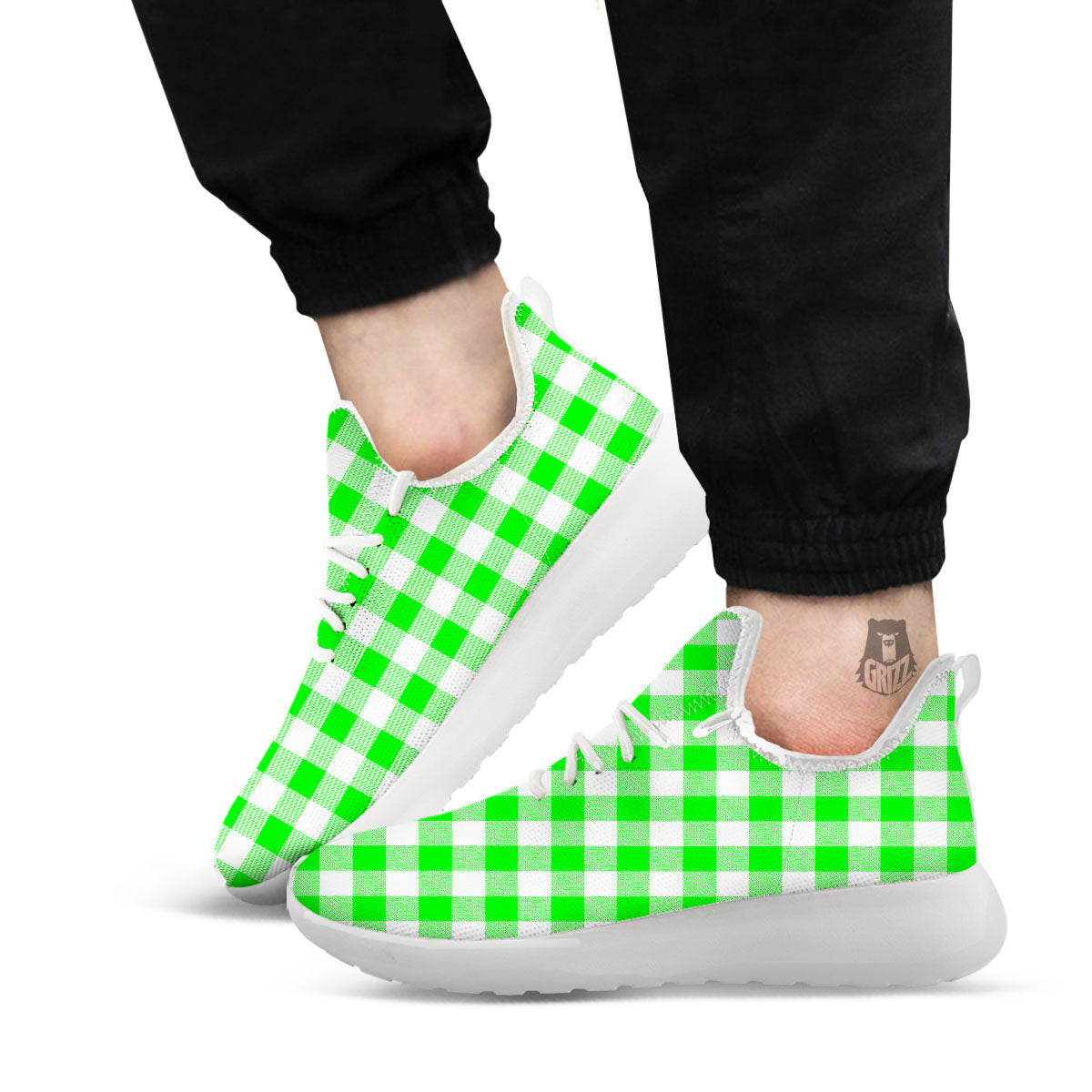 White Buffalo Check And UFO Green Print Pattern White Athletic Shoes-grizzshop