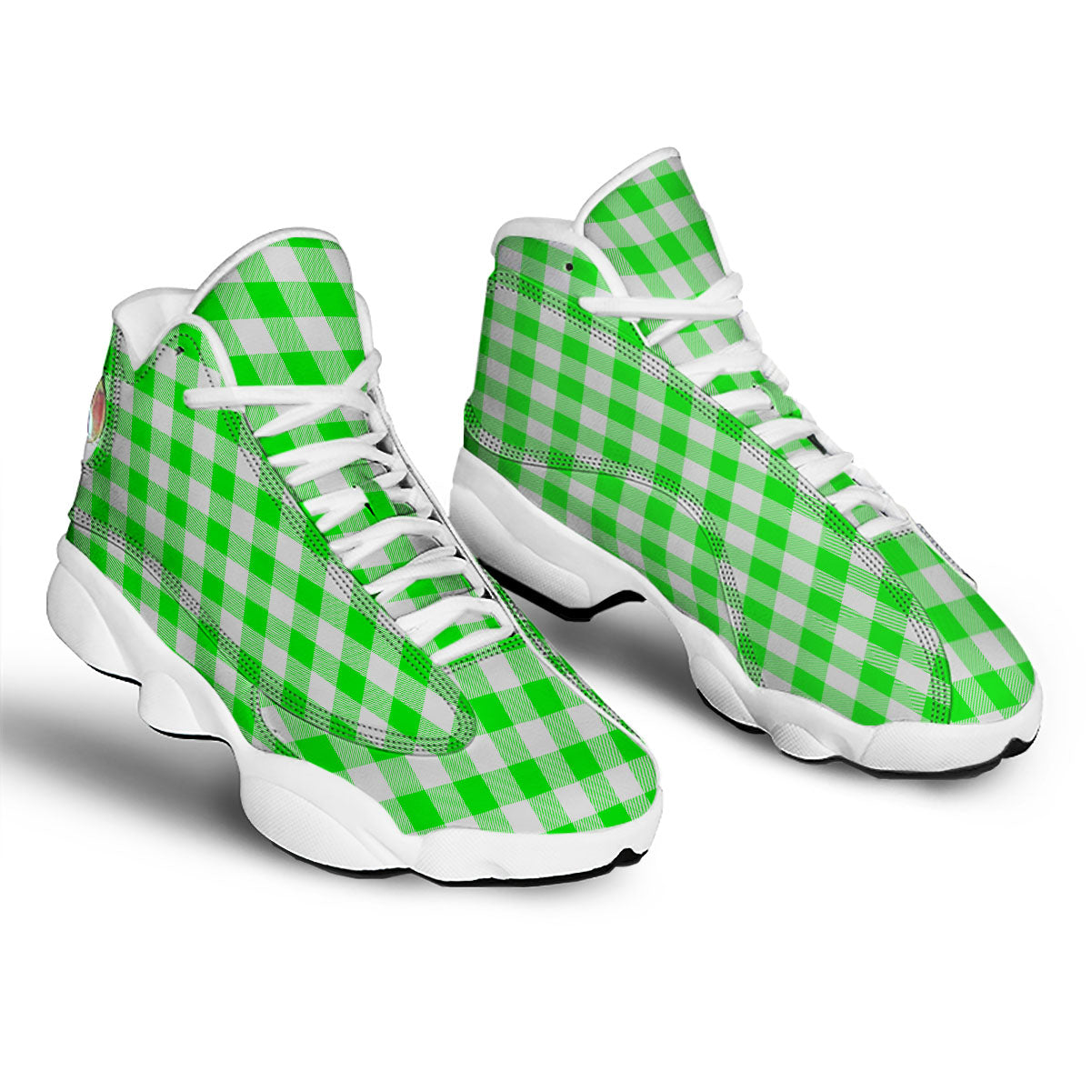 White Buffalo Check And UFO Green Print Pattern White Basketball Shoes-grizzshop