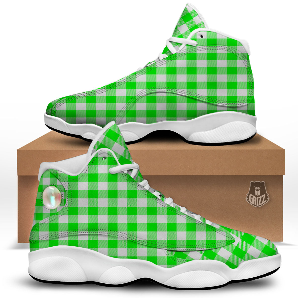 White Buffalo Check And UFO Green Print Pattern White Basketball Shoes-grizzshop