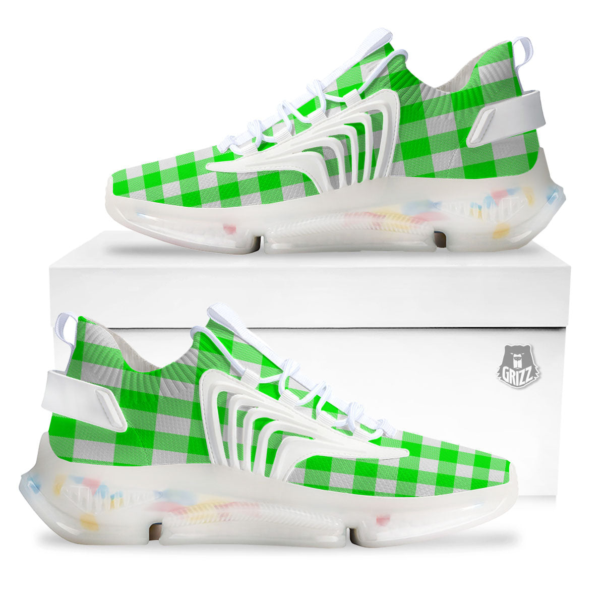 White Buffalo Check And UFO Green Print Pattern White Gym Shoes-grizzshop