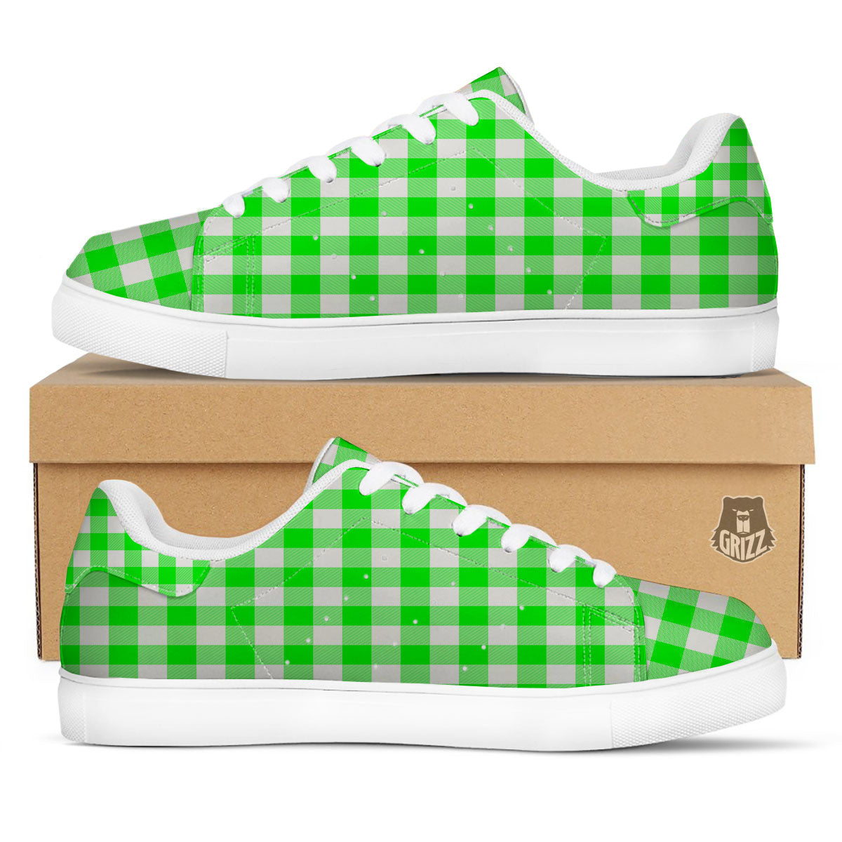 White Buffalo Check And UFO Green Print Pattern White Low Top Sneakers-grizzshop