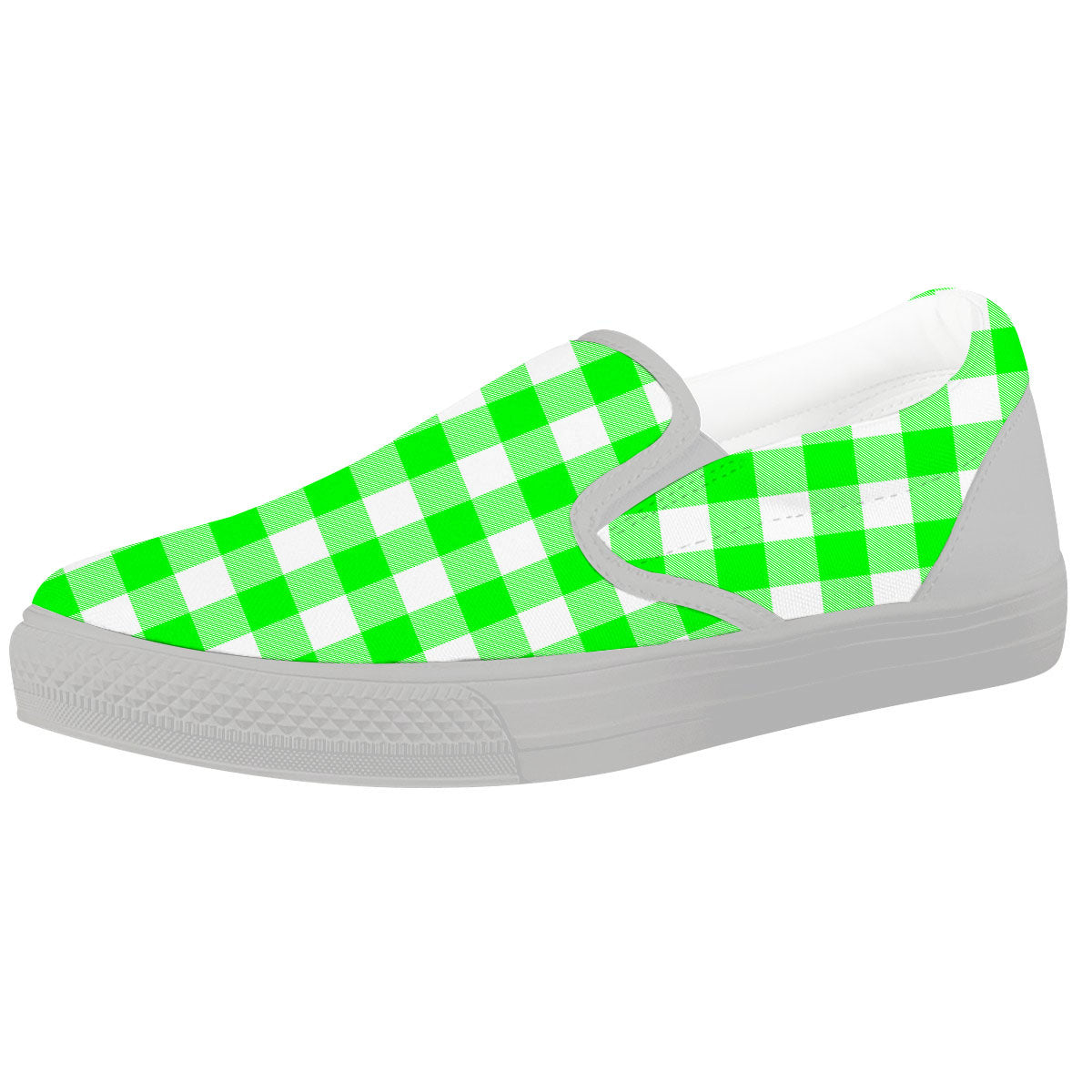 White Buffalo Check And UFO Green Print Pattern White Slip On Shoes-grizzshop