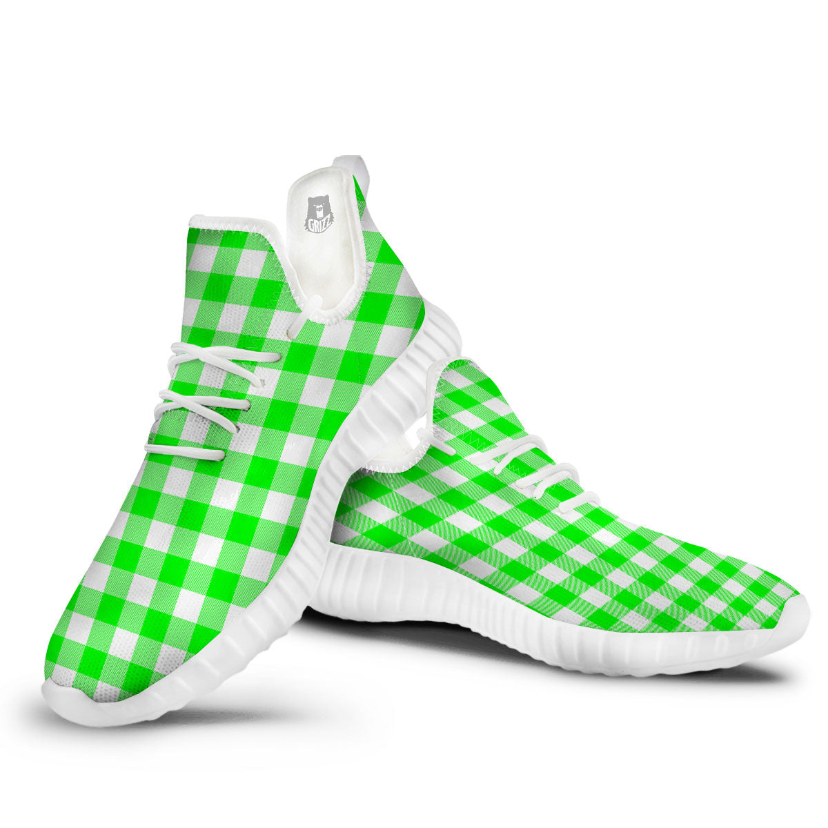 White Buffalo Check And UFO Green Print Pattern White Walking Shoes-grizzshop