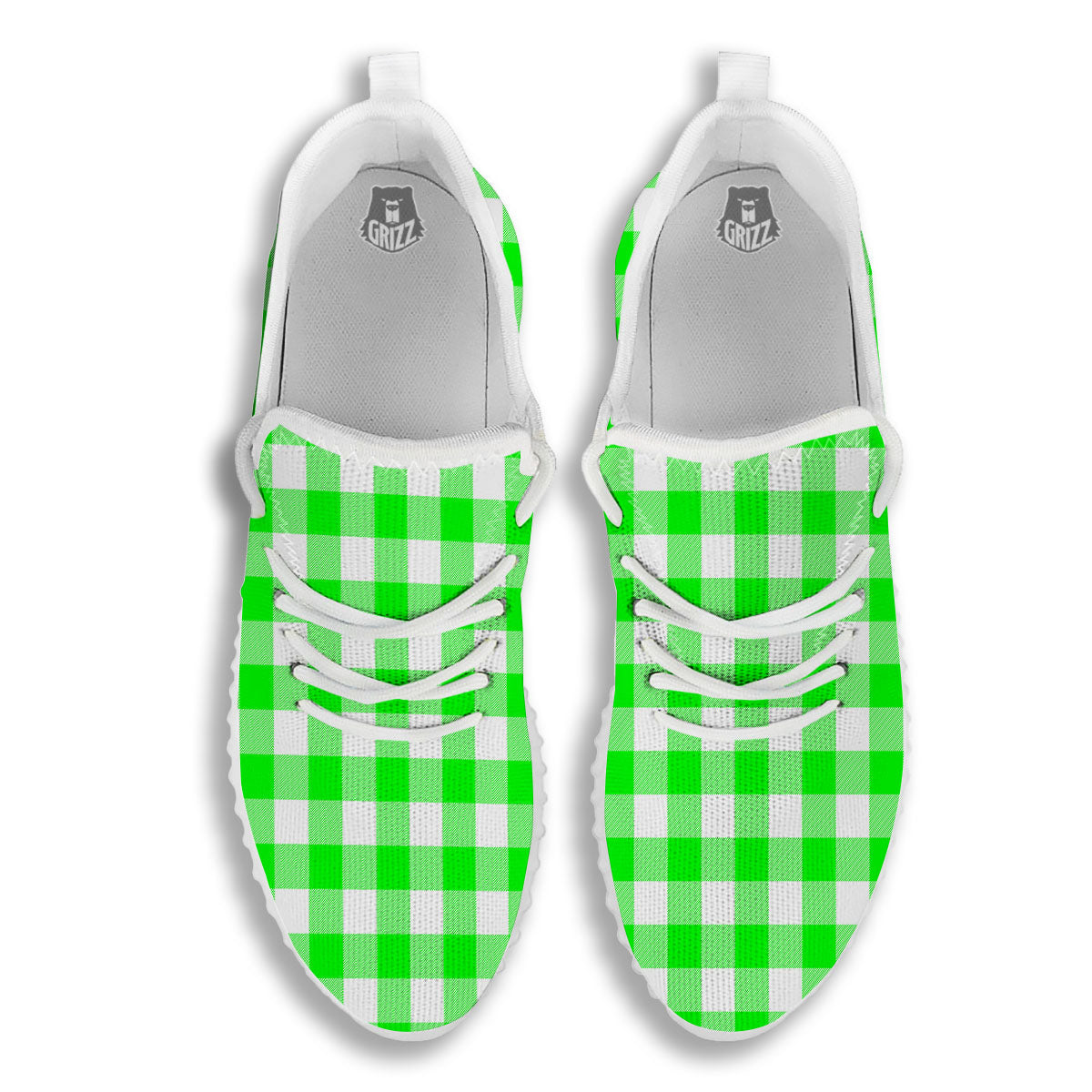 White Buffalo Check And UFO Green Print Pattern White Walking Shoes-grizzshop