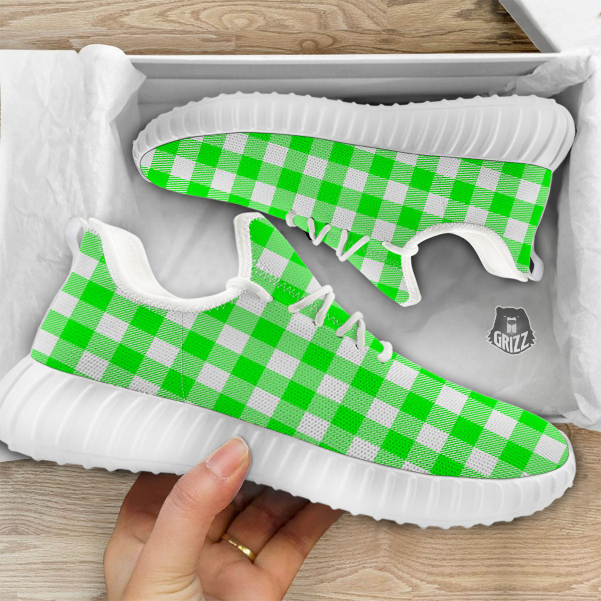 White Buffalo Check And UFO Green Print Pattern White Walking Shoes-grizzshop