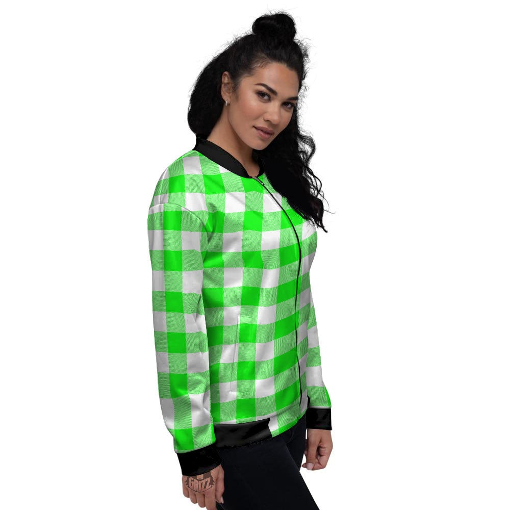 White Buffalo Check And UFO Green Print Pattern Women's Bomber Jacket-grizzshop