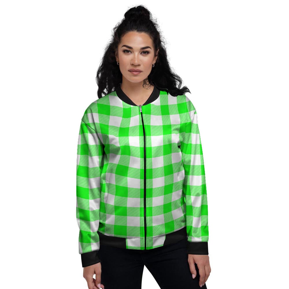 White Buffalo Check And UFO Green Print Pattern Women's Bomber Jacket-grizzshop