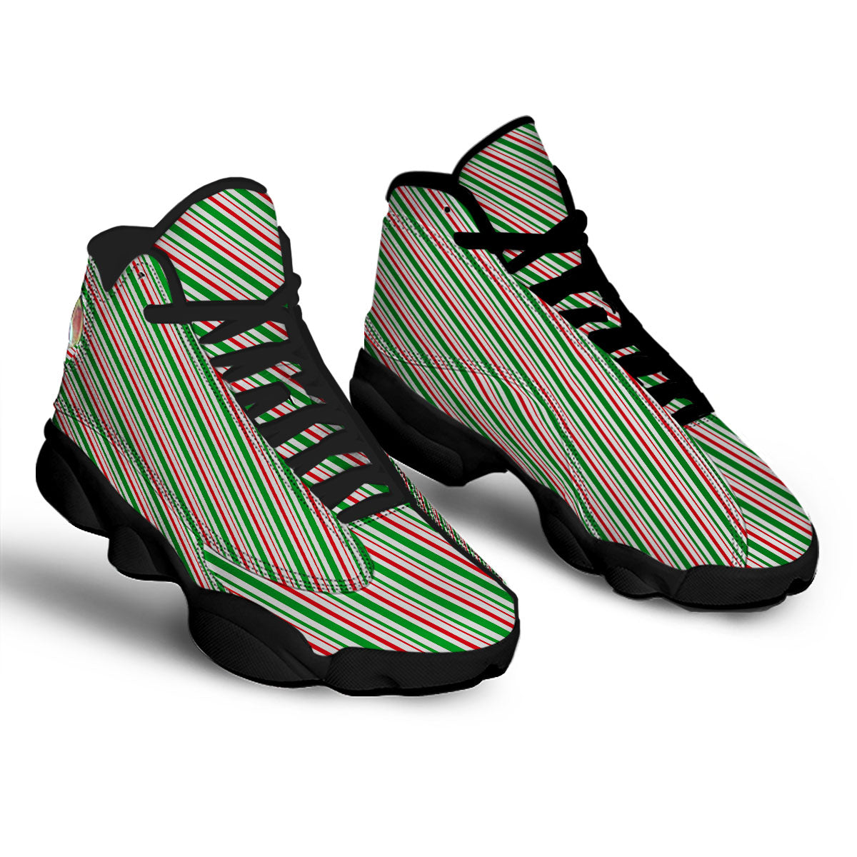 White Candy Cane And Red Green Print Black Basketball Shoes-grizzshop