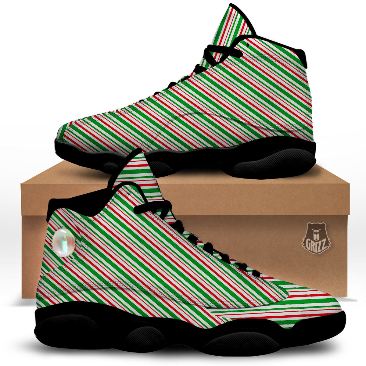 White Candy Cane And Red Green Print Black Basketball Shoes-grizzshop