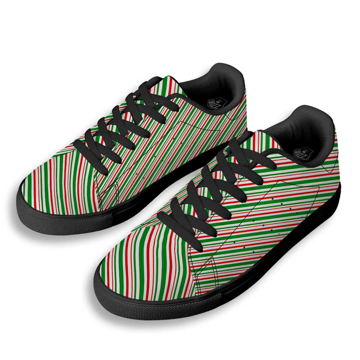 White Candy Cane And Red Green Print Black Low Top Sneakers-grizzshop
