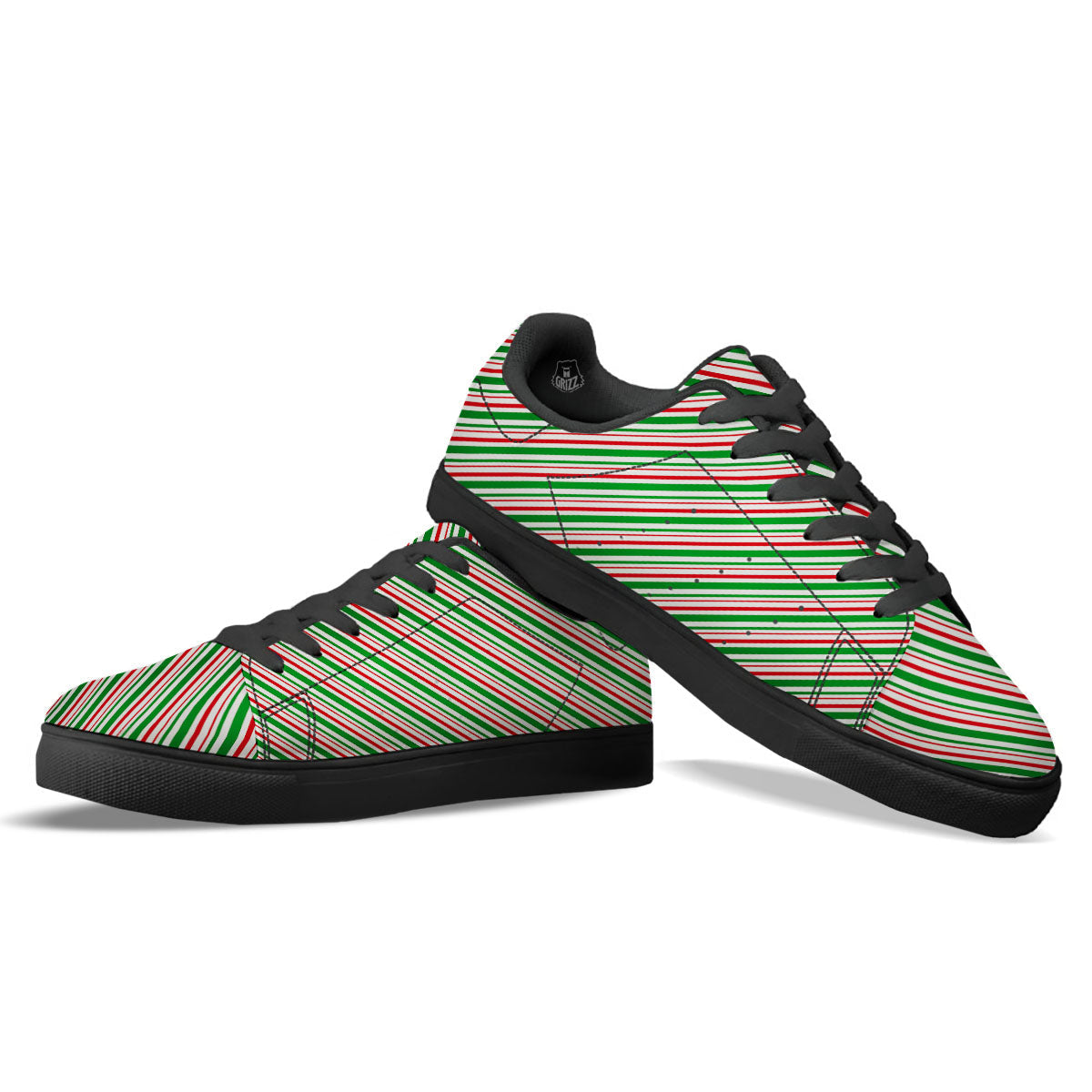 White Candy Cane And Red Green Print Black Low Top Sneakers-grizzshop