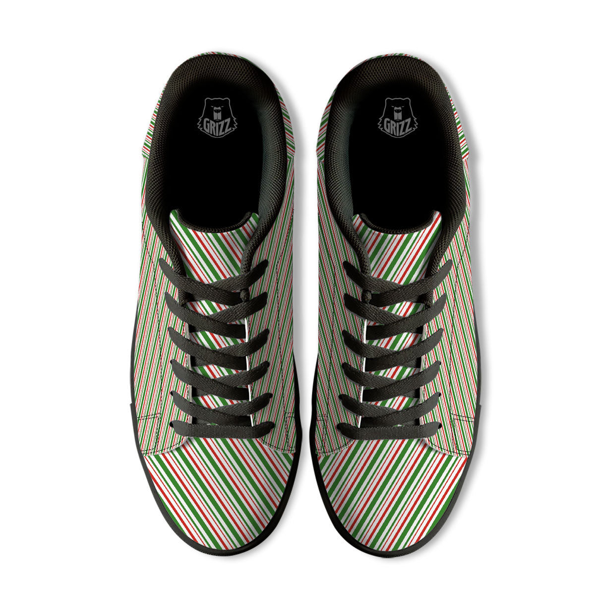 White Candy Cane And Red Green Print Black Low Top Sneakers-grizzshop