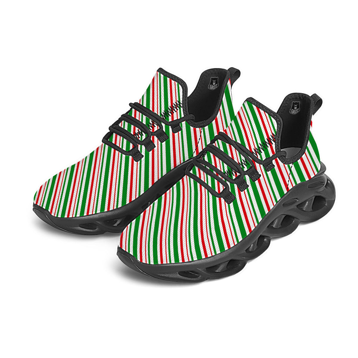 White Candy Cane And Red Green Print Black Running Shoes-grizzshop