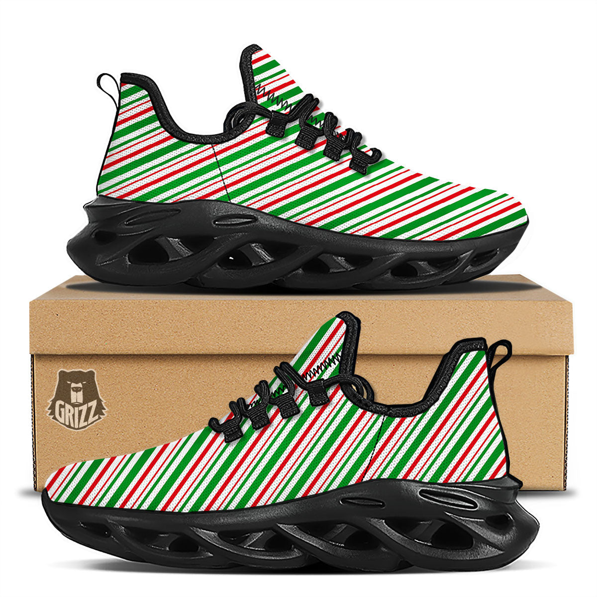White Candy Cane And Red Green Print Black Running Shoes-grizzshop