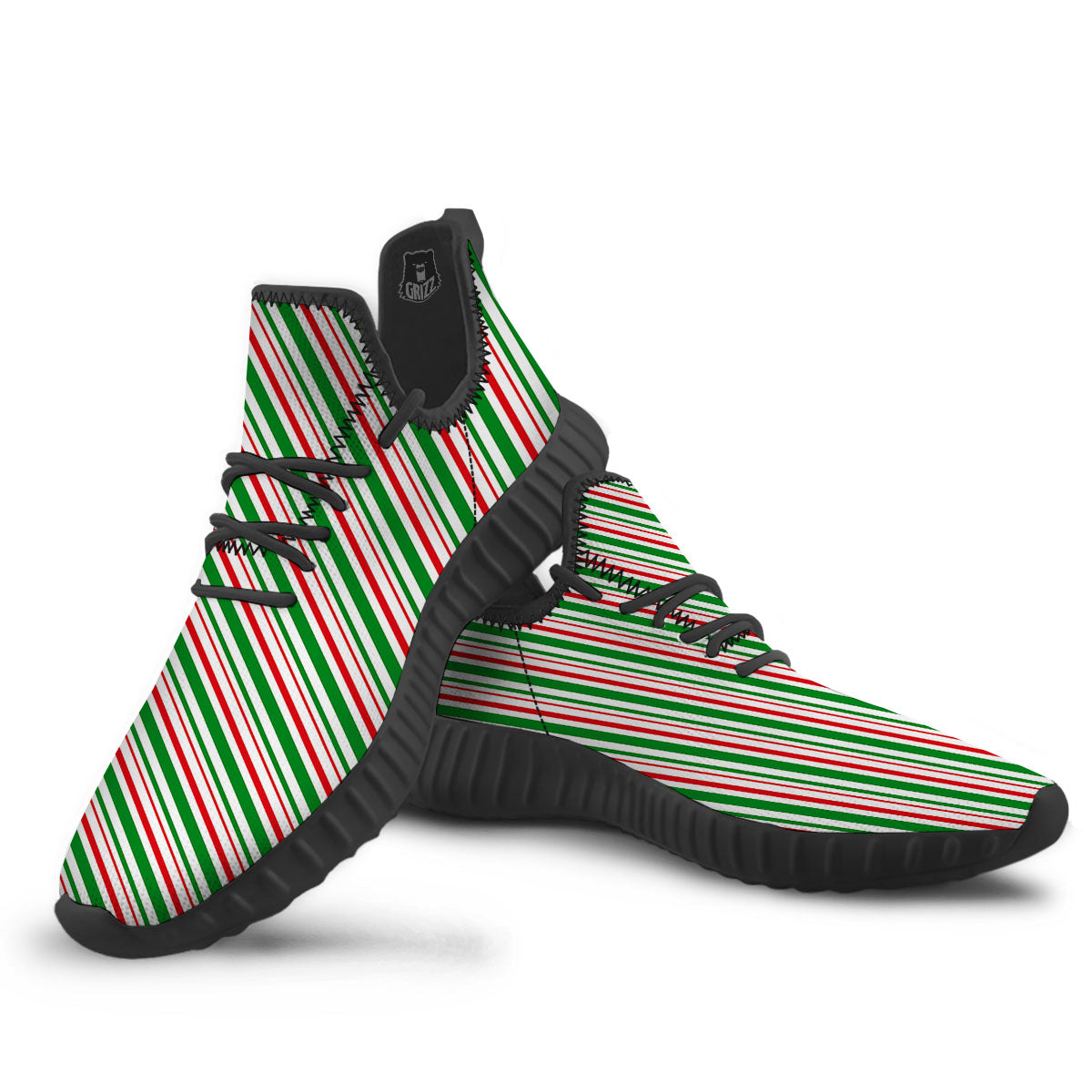 White Candy Cane And Red Green Print Black Walking Shoes-grizzshop
