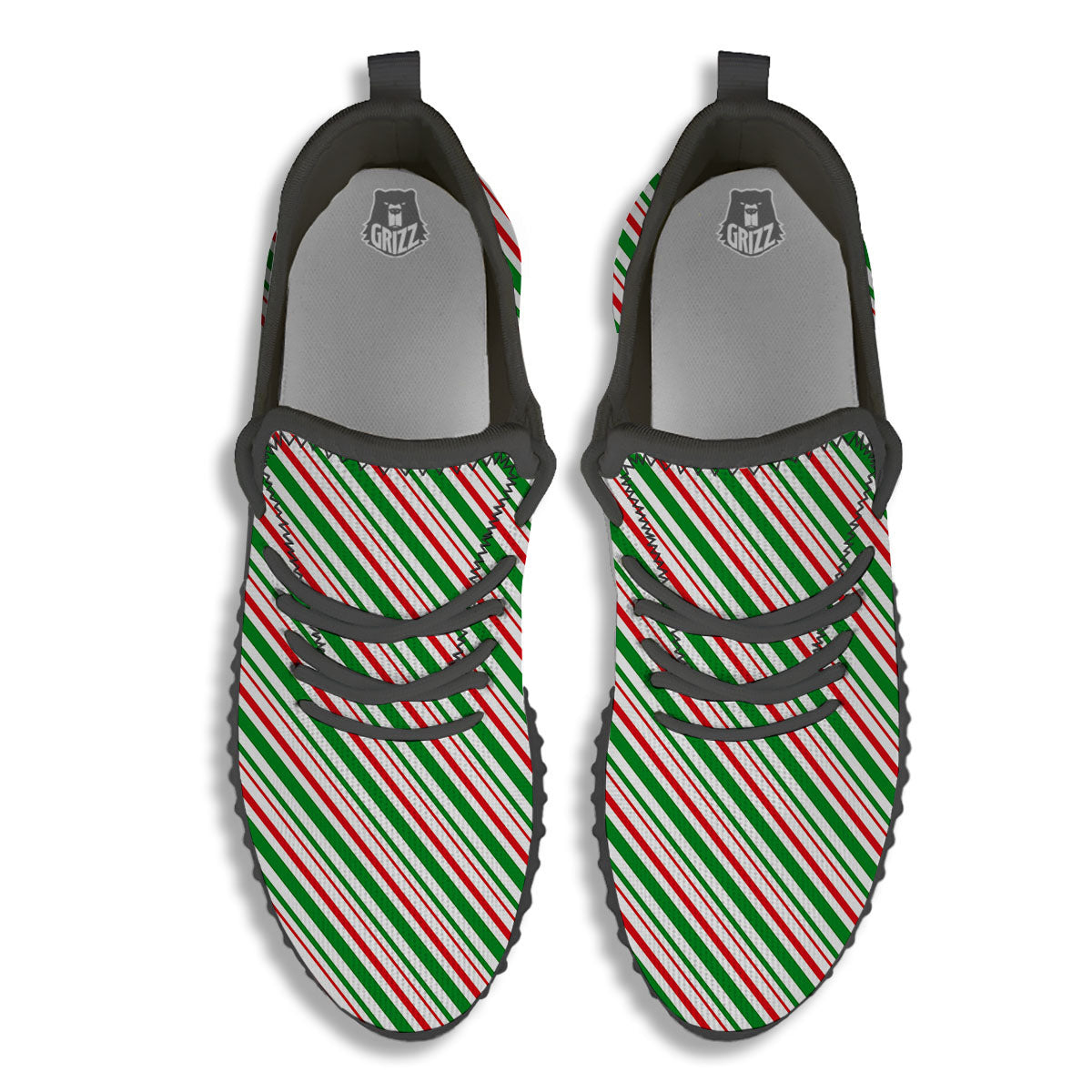 White Candy Cane And Red Green Print Black Walking Shoes-grizzshop