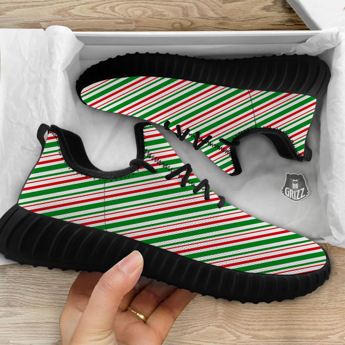 White Candy Cane And Red Green Print Black Walking Shoes-grizzshop