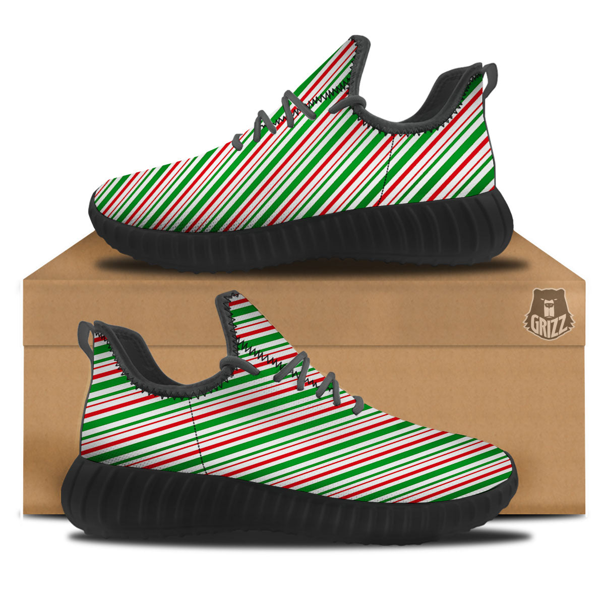 White Candy Cane And Red Green Print Black Walking Shoes-grizzshop