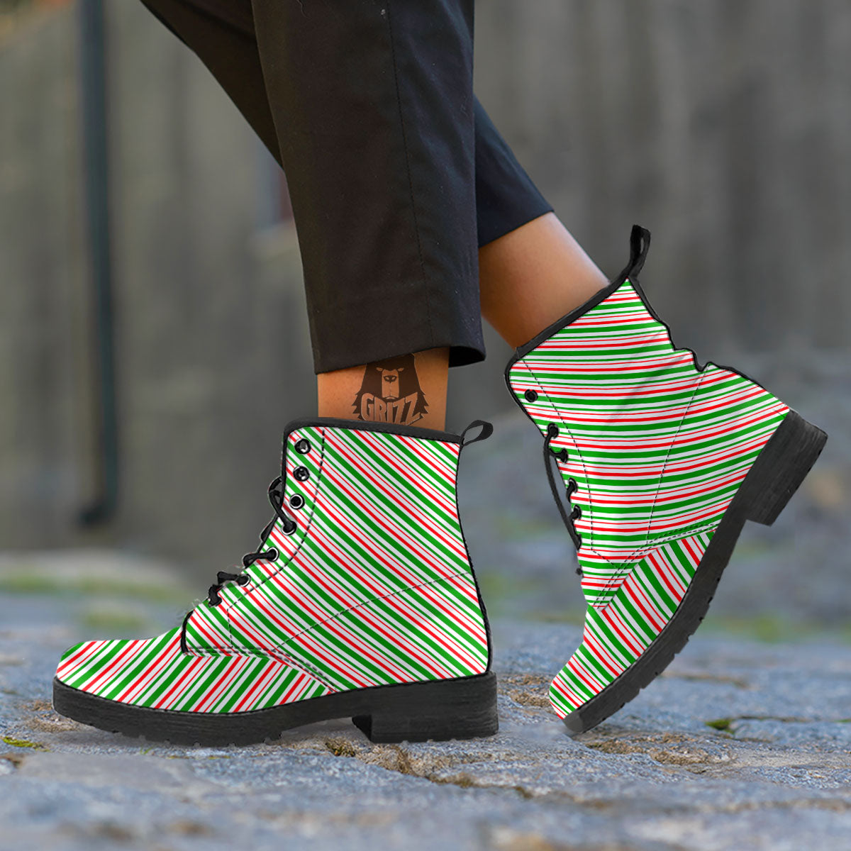 White Candy Cane And Red Green Print Leather Boots-grizzshop