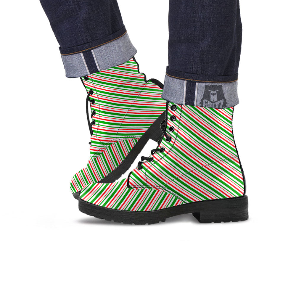 White Candy Cane And Red Green Print Leather Boots-grizzshop
