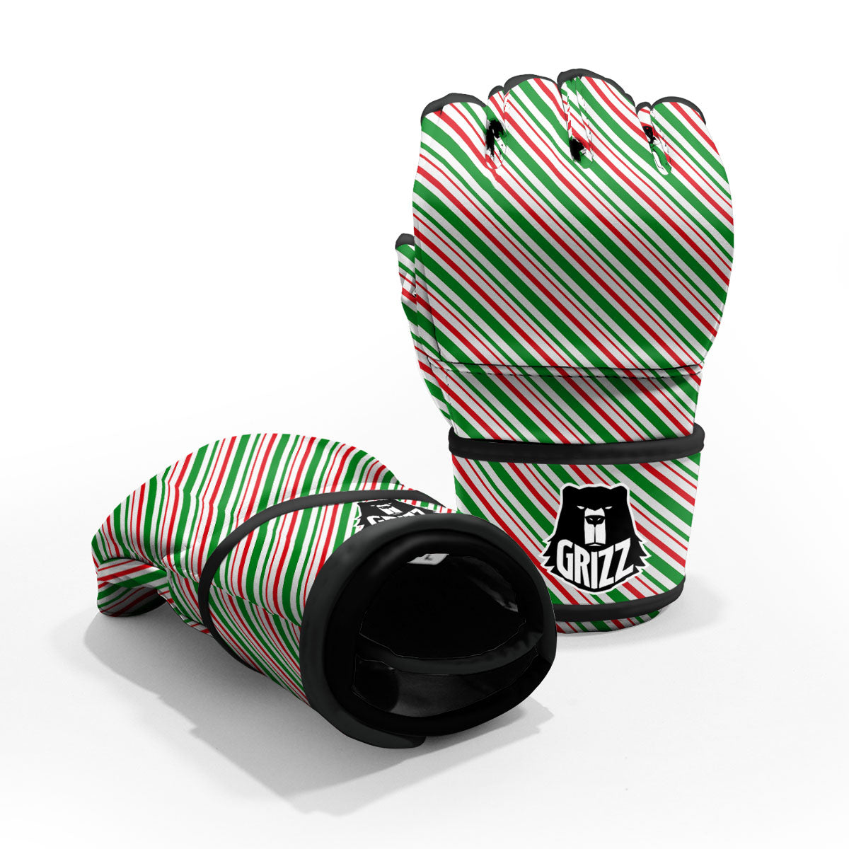 White Candy Cane And Red Green Print MMA Gloves-grizzshop