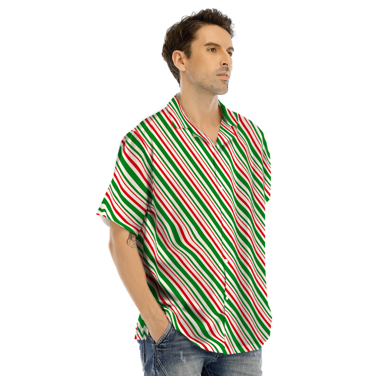 White Candy Cane And Red Green Print Men's Hawaiian Shirt-grizzshop