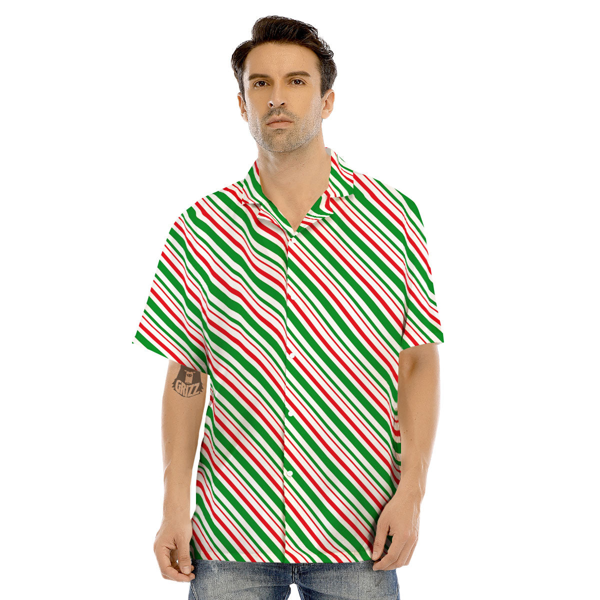 White Candy Cane And Red Green Print Men's Hawaiian Shirt-grizzshop