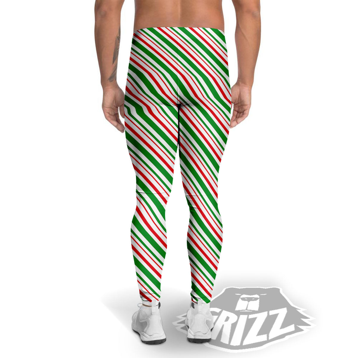 White Candy Cane And Red Green Print Men's Leggings-grizzshop