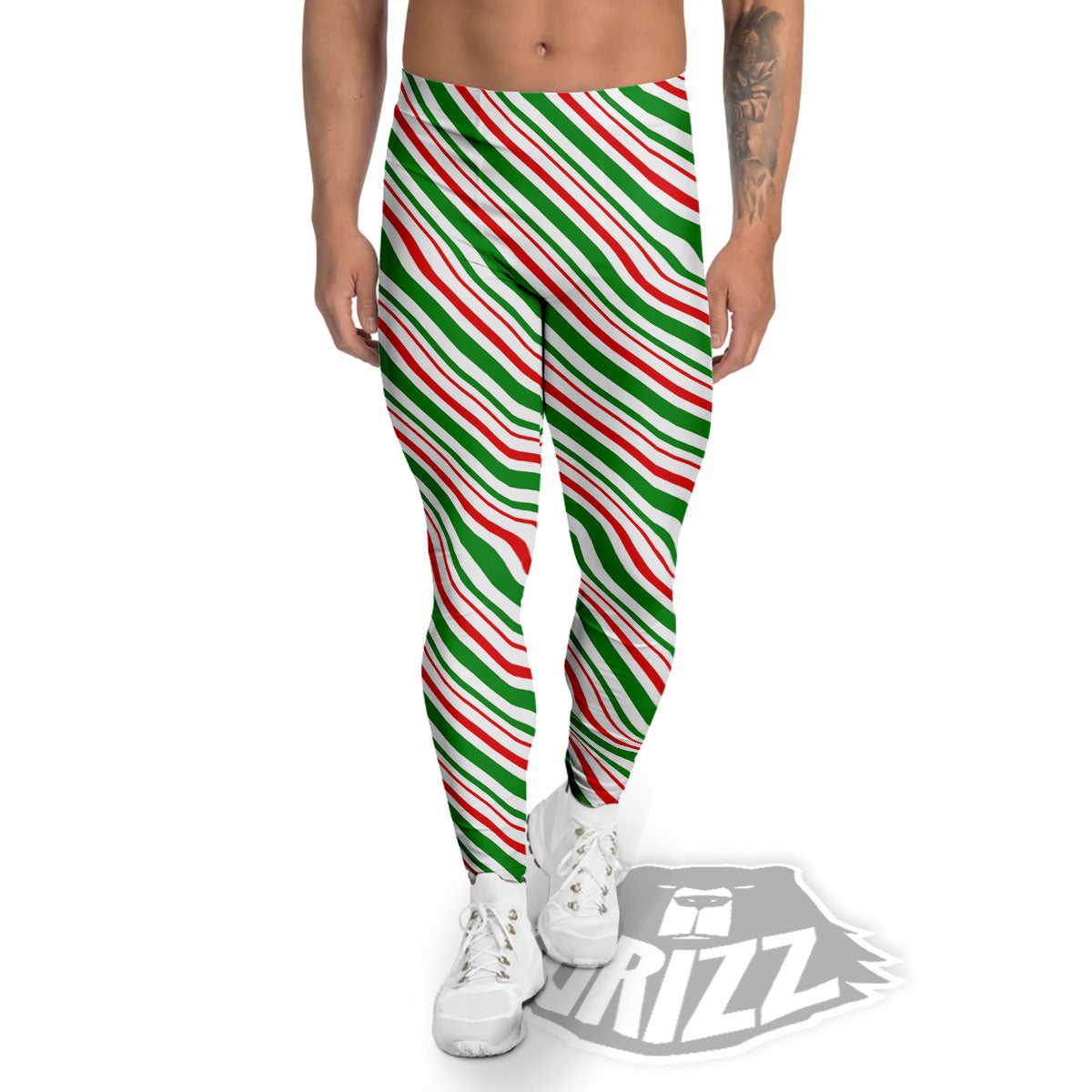 White Candy Cane And Red Green Print Men's Leggings-grizzshop