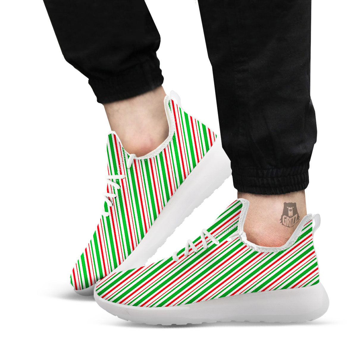 White Candy Cane And Red Green Print White Athletic Shoes-grizzshop