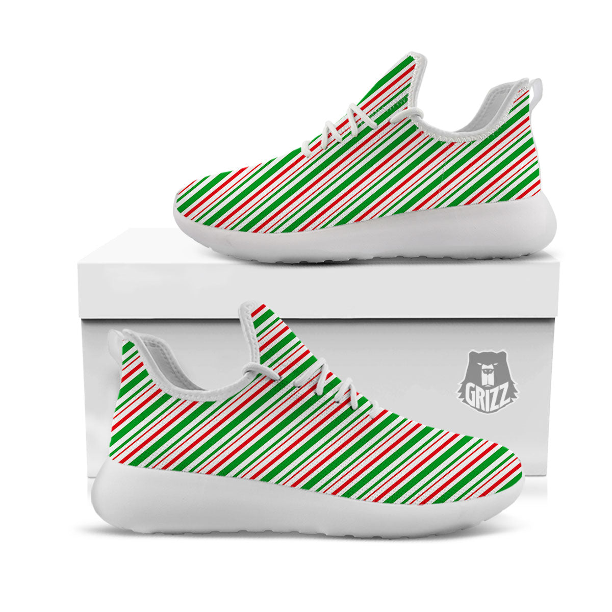 White Candy Cane And Red Green Print White Athletic Shoes-grizzshop