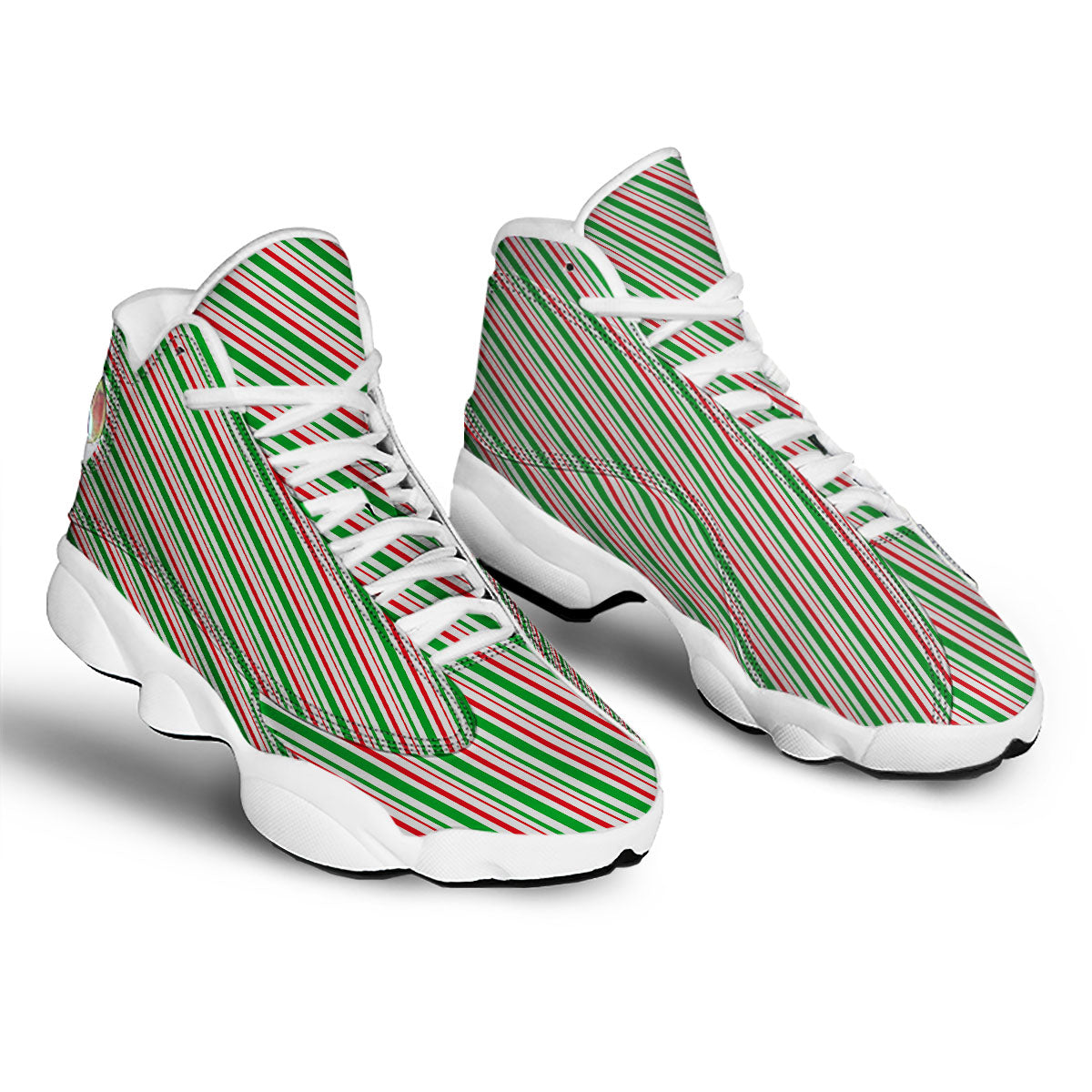 White Candy Cane And Red Green Print White Basketball Shoes-grizzshop
