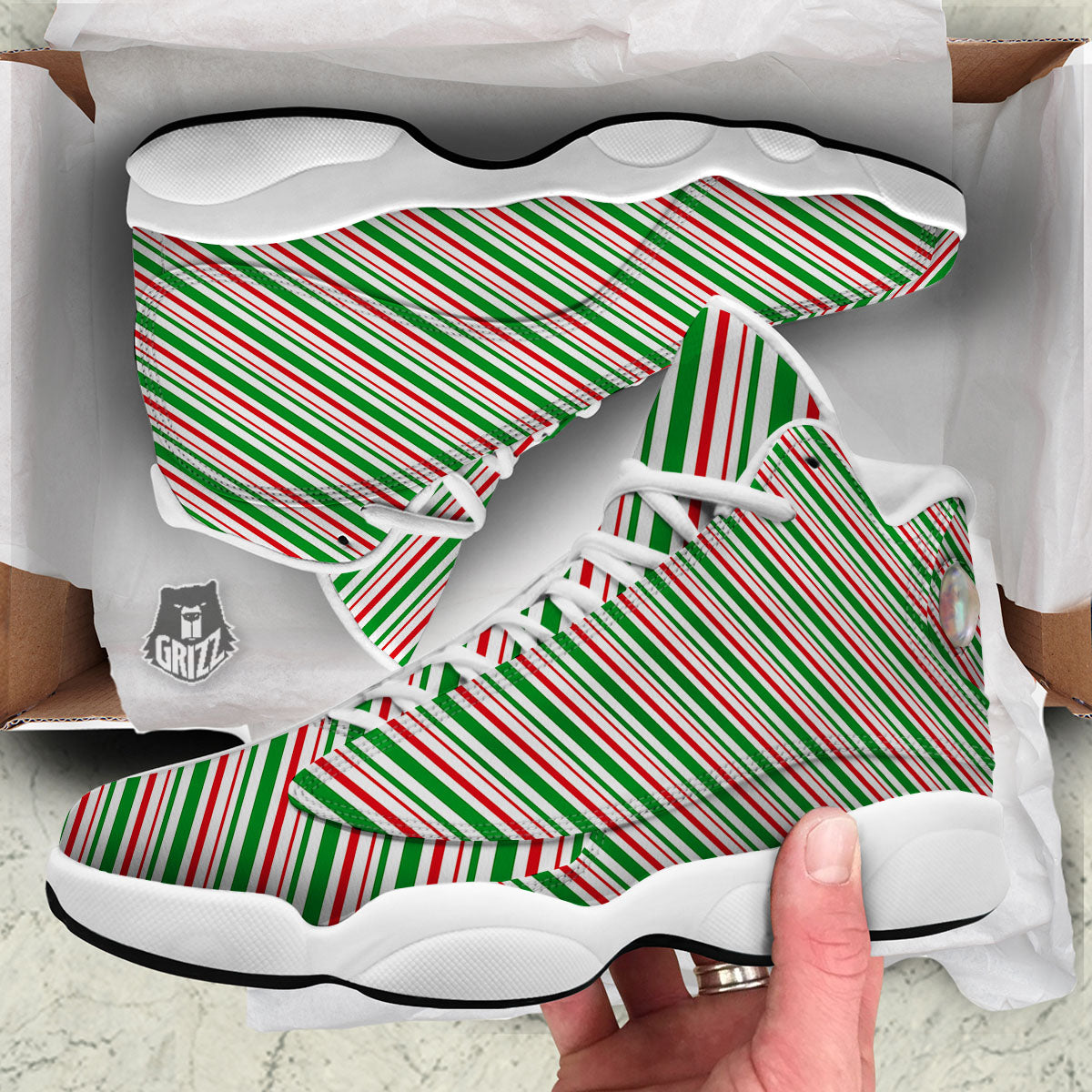 White Candy Cane And Red Green Print White Basketball Shoes-grizzshop