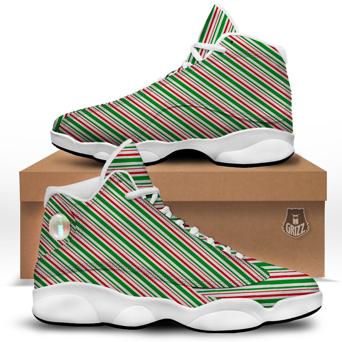 White Candy Cane And Red Green Print White Basketball Shoes-grizzshop
