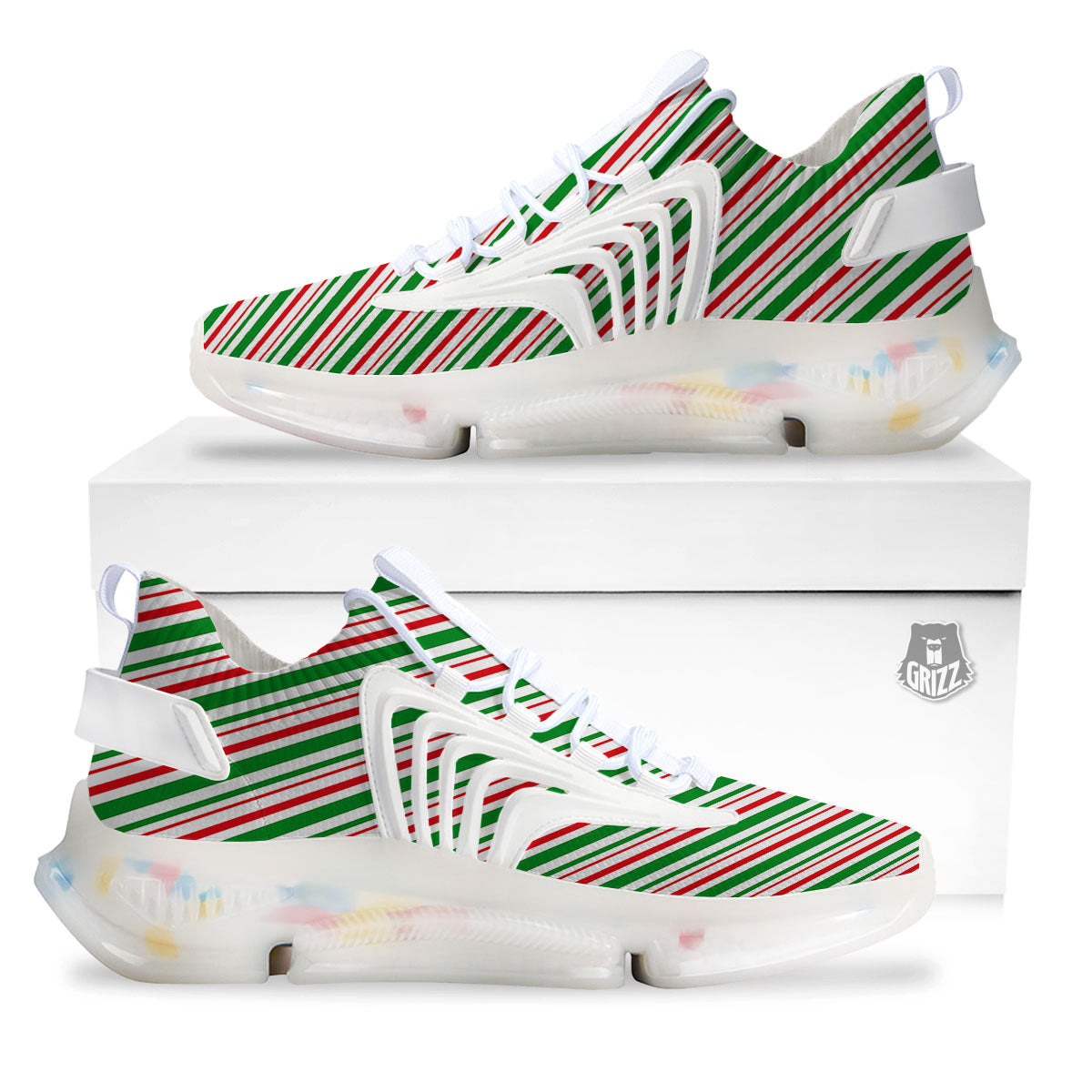 White Candy Cane And Red Green Print White Gym Shoes-grizzshop
