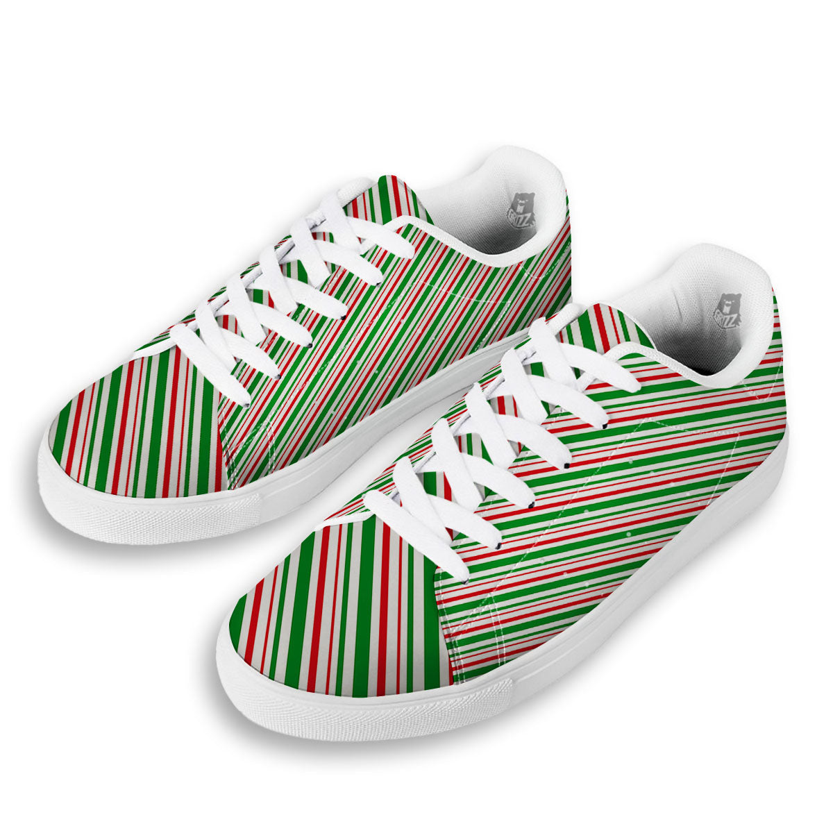 White Candy Cane And Red Green Print White Low Top Sneakers-grizzshop