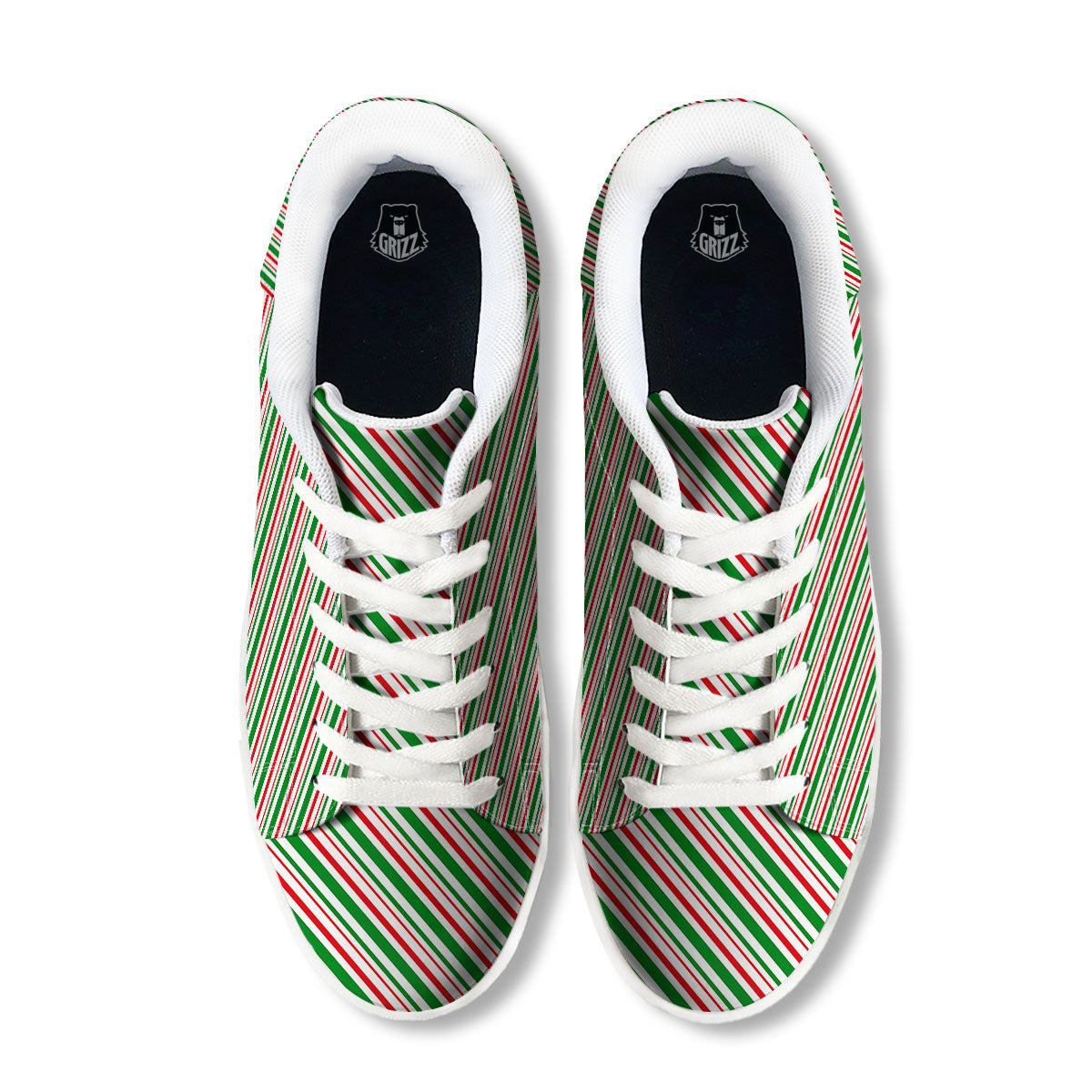 White Candy Cane And Red Green Print White Low Top Sneakers-grizzshop